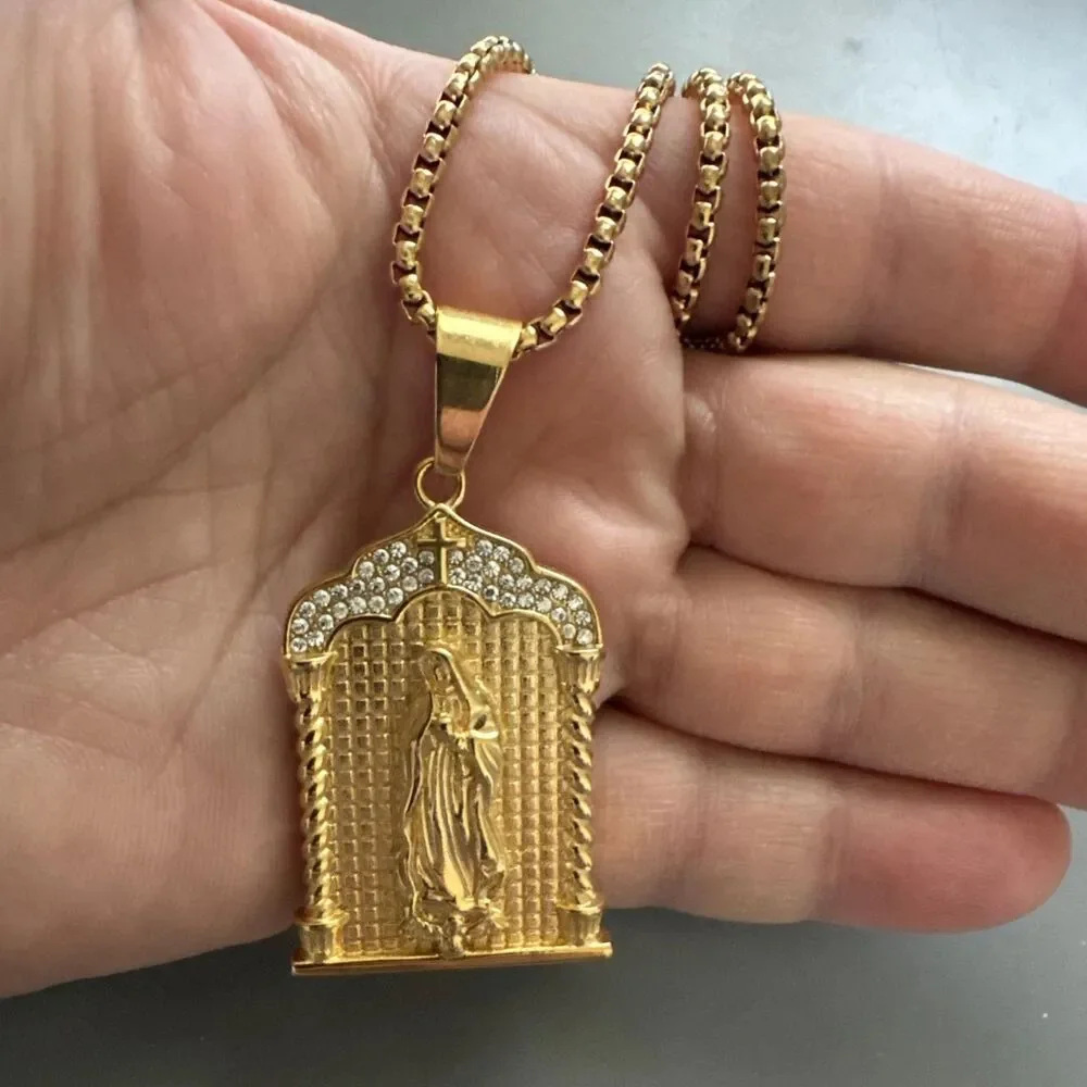 Gold Plated Virgin Mary Stainless Steel Pendant Jesus Christ Cubic Zirconia 24”